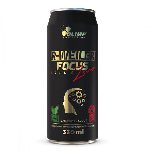 Olimp R-Weiler Focus Drink Zero 330ml Flasche mit schwarzem und rotem Design, energiereiches Getränke für Konzentration