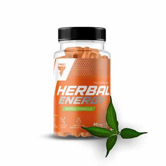 Trec Herbal Energy Kapseln, 60 Stück, Nahaufnahme der Verpackung mit grünen Kräutern und Kapseln auf weißem Hintergrund