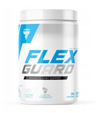 Trec Flex Guard mit Waldfruchtgeschmack, 375 g, Nahaufnahme der Verpackung und Produktbeschreibung