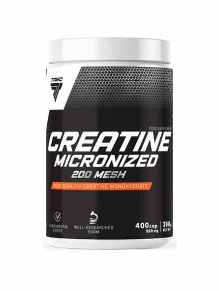 Trec Creatin Mikronisiert 200 Mesh in 400 Kapseln, Nahaufnahme der Kapseln und Verpackung mit Produktbeschreibung