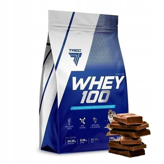 Trec Whey 100 Schokoladengeschmack Proteinpulver in 700g Verpackung, close-up der Verpackung und Produktbeschreibung