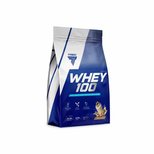 Trec Whey 100 Proteinpulver in Keksgeschmack, 700g Dose, cremige Textur, ideal für Muskelaufbau und Fitness.