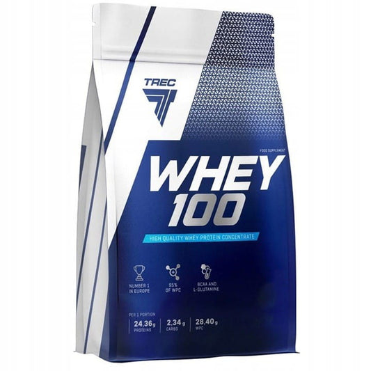 Trec Whey 100 Erdnussbutter-Geschmack Proteinpulver in 700g Dose, cremige Textur und Nussaroma sichtbar in der Verpackung