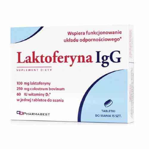 Lactoferrin IgG Lutschtabletten von Pharmabest, Packung mit 15 Tabletten, close-up der Lutschtabletten in der Packung
