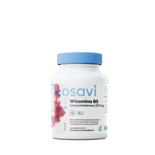 Osavi Vitamin B5 Pantothensäure 200mg, 90 Kapseln, Nahaufnahme der Verpackung und Kapseln auf weißem Hintergrund