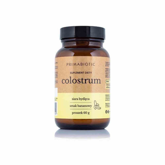 PrimaBiotic Colostrum Pulver mit Bananengeschmack, 60g, in einer offenen Packung, zeigt das Produkt mit Bananen-Aroma.