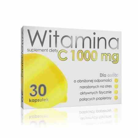 Alg Pharma Vitamin C 1000 mg 30 Kapseln, Nahaufnahme der Kapseln in einer weißen Verpackung, Vitamin C Nahrungsergänzungsmittel