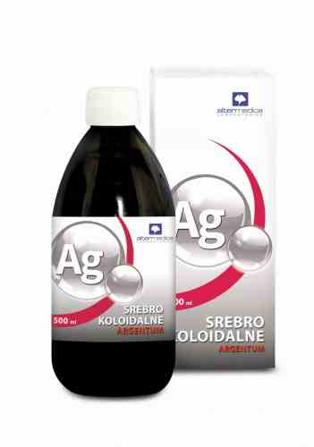 Kolloidales Silber Argentum 500ml von ALTER MEDICA in einer transparenten Flasche mit silberner Beschriftung.