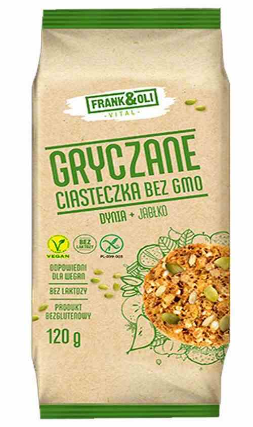 Frank&Oli glutenfreie Buchweizenkekse mit Kürbis und Apfel, 120g, frisches Gebäck auf einem Teller.