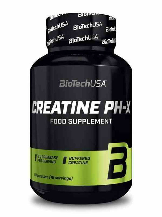 BioTech USA Kreatin PH-X Kapseln, 90 Stück, zeigt die Kapseln in einer Dose auf einem weißen Hintergrund