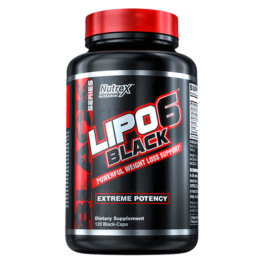 Nutrex Lipo-6 Schwarzes Ultra-Konzentrat in 60 Kapseln, zeigt die schwarzen Kapseln in einer offenen Packung.