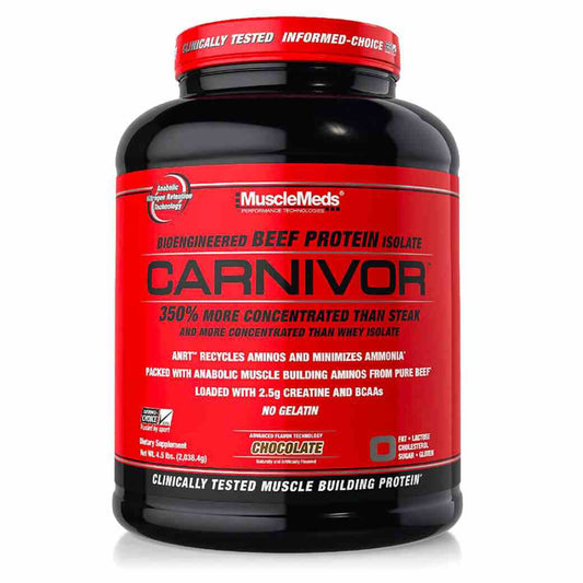 MuscleMeds Carnivor Schokoladengeschmack Proteinpulver in 2038g Dose, Nahaufnahme der Verpackung