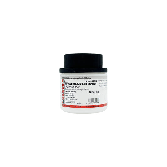 Magnesium-Nitrat 6-hydrat, 25g, Biogo.de, chemische Verbindung in transparentem Behälter auf weißem Hintergrund