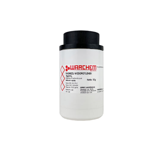Reines Magnesiumhydroxid Pulver, 50g, in einer transparenten Verpackung, für Nahrungsergänzung und Gesundheitsanwendungen.