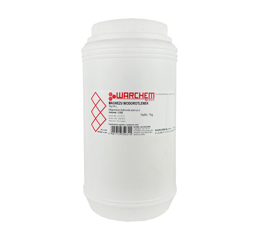 Magnesiumhydroxid Pulver in 1kg Verpackung, Biogo.de, sichtbarer Behälter mit Pulver, geeignet für chemische Anwendungen