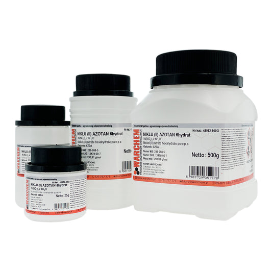 Reines Nickel(II)-Nitrat 6-Hydrat in 10g Verpackung, chemische Substanz von WARCHEM, sichtbarer Behälter und Produktbeschreibung