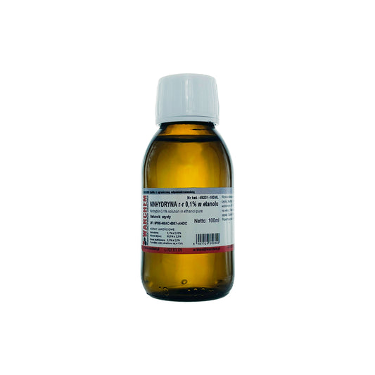 Flasche mit 100 ml NINHYDRYNA Lösung 0,1 % von WARCHEM, klare pharmazeutische Lösung in Glasflasche.
