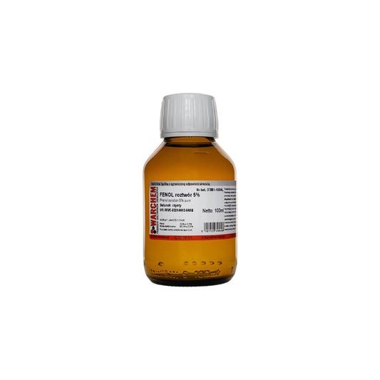 Hände, die eine klare, farblose PHENOL-Lösung 5 % in einer 100 ml Flasche von WARCHEM halten.