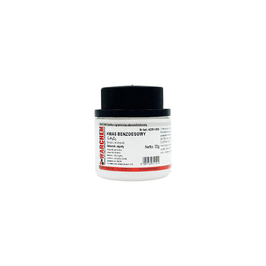 Reine Benzoesäure in 25g Verpackung von WARCHEM, weißes Kristallpulver auf weißem Hintergrund.