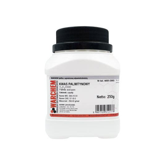 Reine Palmitinsäure in 250g Verpackung von WARCHEM, chemische Substanz in weißem Pulverform.