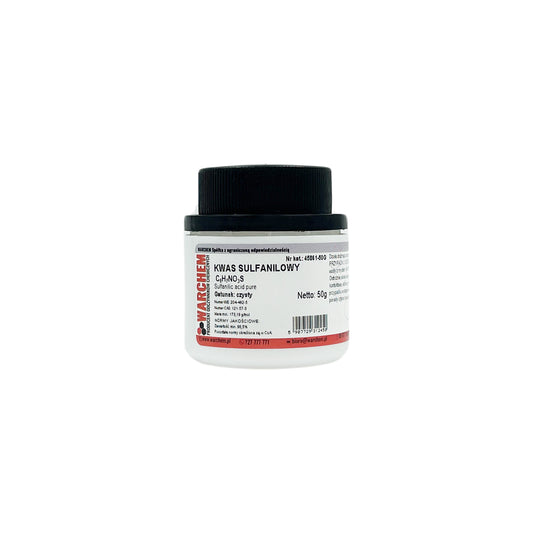 Reine Sulphanilsäure in 50g Verpackung von WARCHEM, chemisches Reagenz für Labore, gelbe Kristalle auf weißem Hintergrund