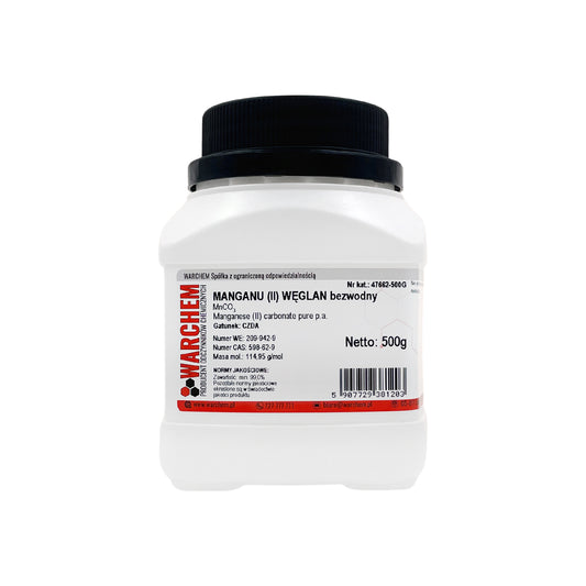 Wasserfreier Manganiumnatron (II) in 500g Packung, chemisches Reagenz von Biogo.de, mit weißem Pulver und Etikett.