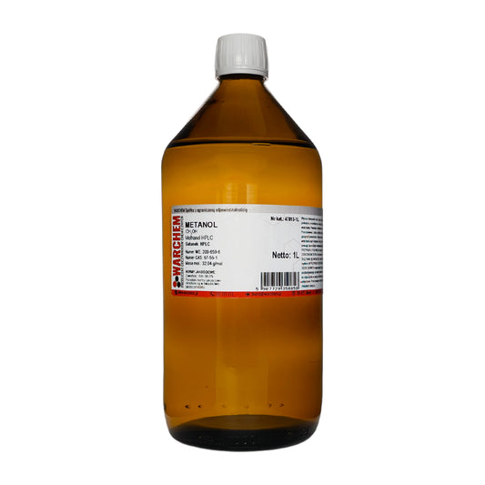 Methanol HPLC 1L von Biogo.de, klare chemische Substanz in einem transparenten Behälter, geeignet für analytische Anwendungen.