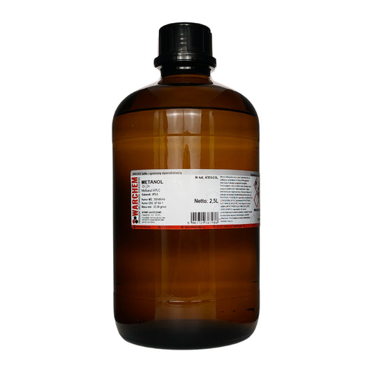 Methanol HPLC 2,5L von WARChem, klarer chemischer Reinstoff für analytische Verfahren, in 2,5-Liter-Flasche.
