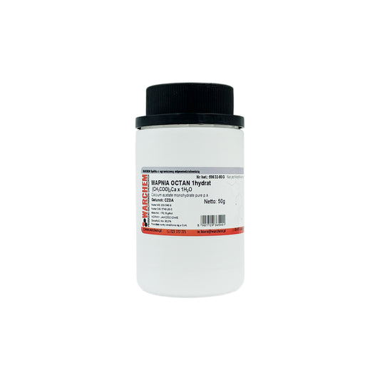 Calciumacetat 1-Hydrat, Rein, 50g, WARCHEM, feines weißes Pulver auf weißem Hintergrund