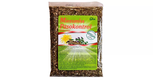 Kräutermischung gegen Parasiten von FLOS, 100g, mit getrockneten Kräutern in einer offenen Verpackung auf weißem Hintergrund