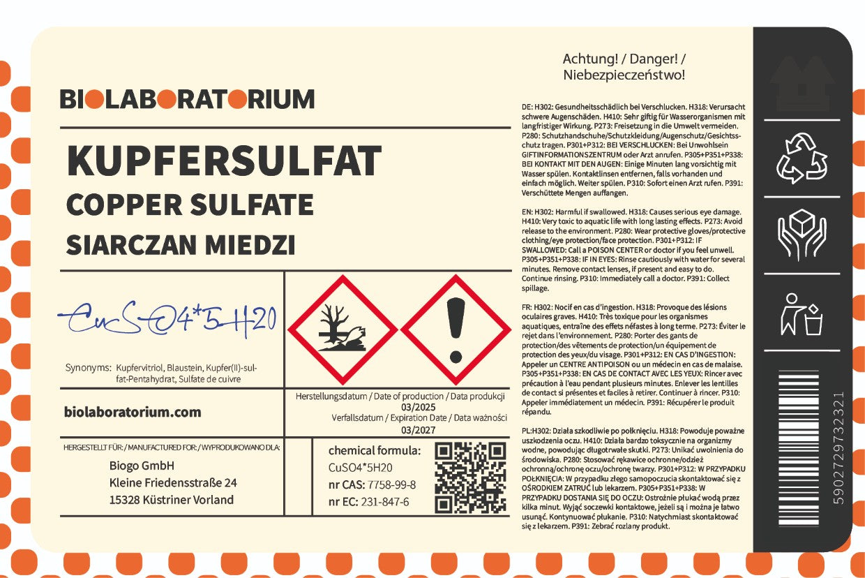 Kuparisulfaatti. Kuparipentahydraatti 1kg Biolaboratorium Toissijaiskuva