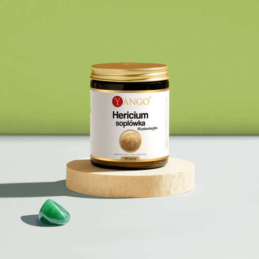 Hericium-Extrakt 10 % Polysaccharide von YANGO, 50 g, Nahaufnahme des weißen Hericium-Pilzes in einer Verpackung.