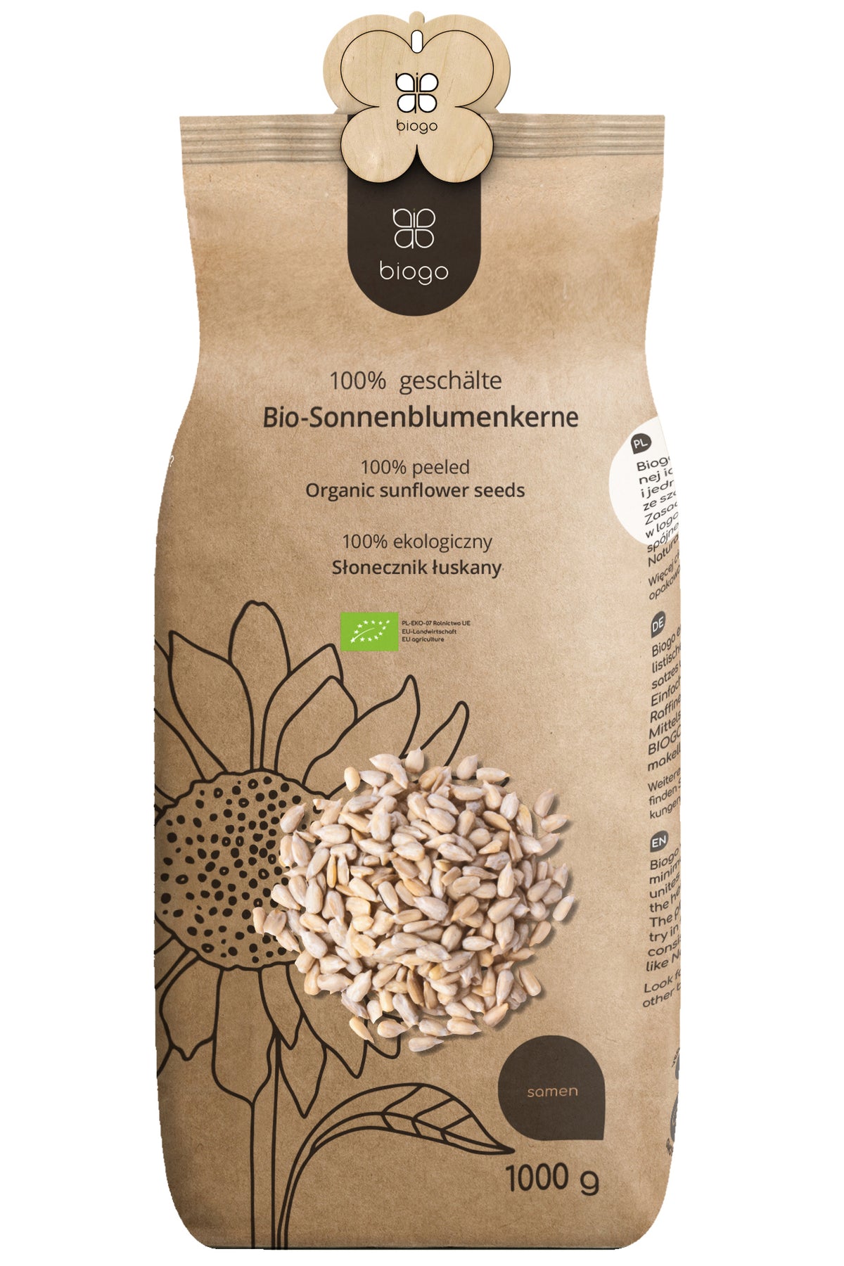 PULLED ORGANIC SUNFLOWER SEEDS 1 KG BIOGO 