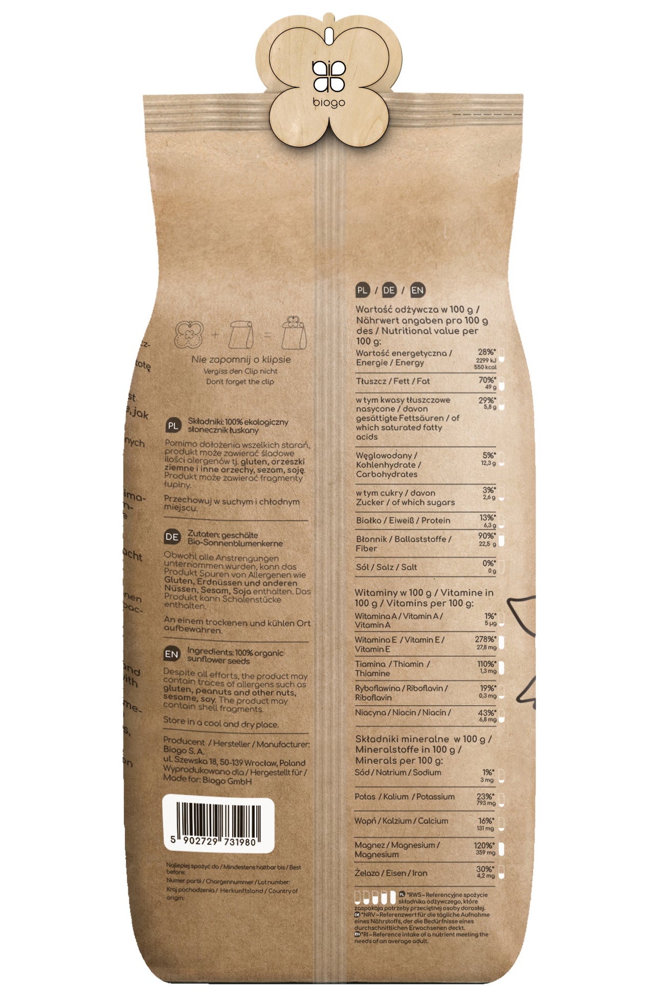 PULLED ORGANIC SUNFLOWER SEEDS 1 KG BIOGO 