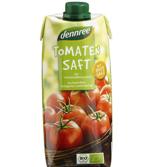 BIO Tomatensaft von DENNREE in 500 ml Flasche, klare Ansicht der frisch gepressten, roten Tomatensaftflasche.