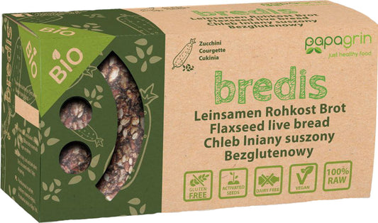Getrocknetes Leinbrot mit Zucchini, glutenfrei und bio, in einer 70 g Packung von PAPAGRIN, abgebildet in der Verpackung