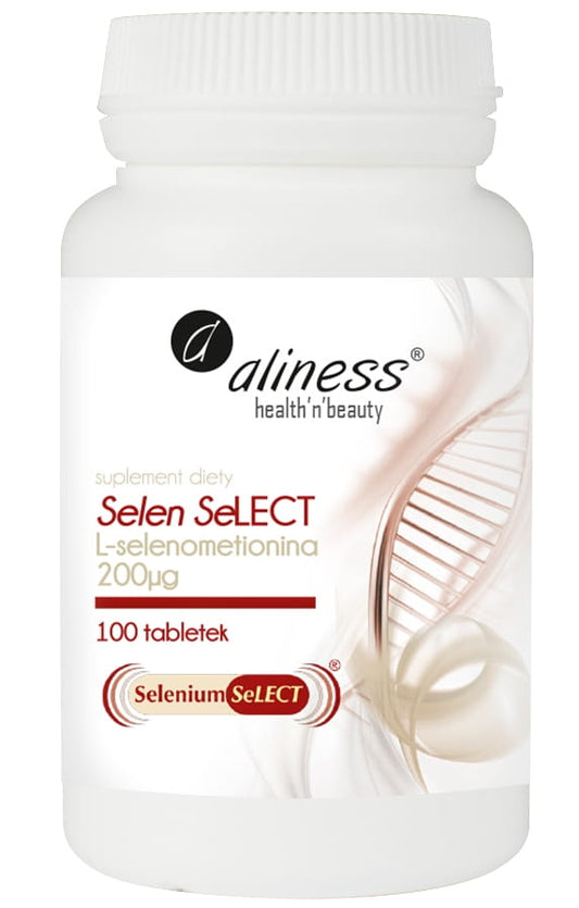 Selen Select L Selenmethionin Tabletten von ALINESS, 200g Packung, zeigt die Tabletten in einer offenen Verpackung.