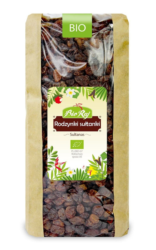 Bio Sultaninen 1 kg von BIO PARADIES, frische, saftige Bio-Feigen in einer transparenten Verpackung.