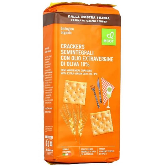 Bio Cracker mit nativem Olivenöl extra von ECOR, 250 g, knusprige Snacks auf einem Teller, mit Olivenöl und Kräutern verziert