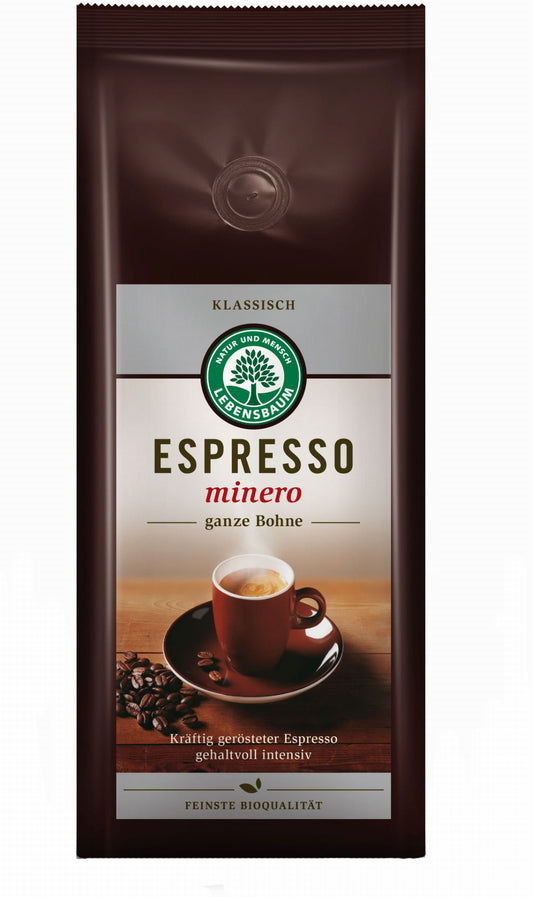 Bio Arabica und Robusta Kaffeebohnen von LEBENSBAUM in 250 g Verpackung, ungewaschen und frisch.