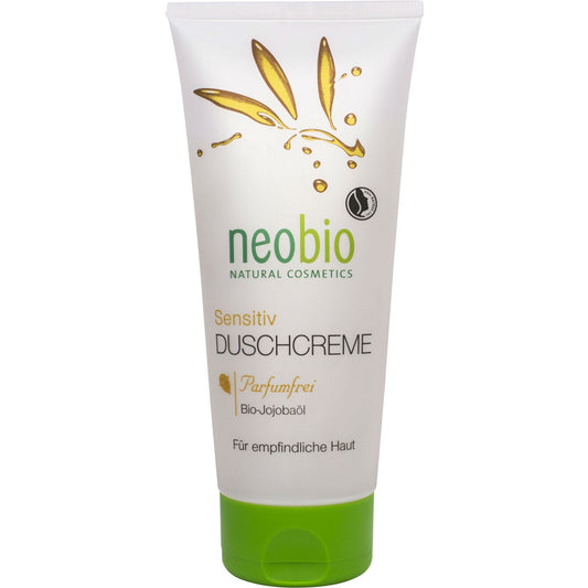 Duschgel mit Jojobaöl von NEOBIO, 200 ml, flüssige Textur, grüne Verpackung, für sanfte Reinigung und Feuchtigkeit.