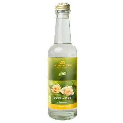 Bio Rosenwasser von COSMOVEDA in 250 ml Flasche, klar und aromatisch, ideal für Hautpflege und natürliche Anwendungen.