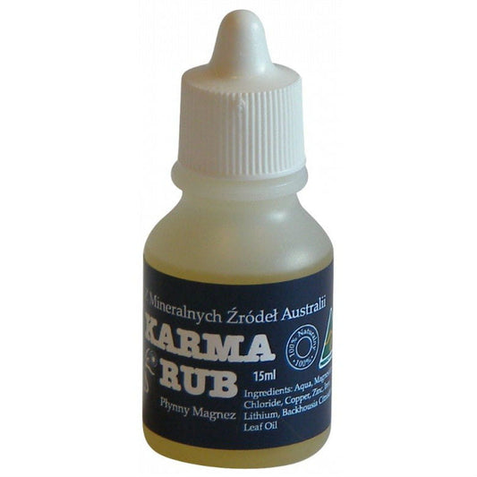 Flüssiges Magnesium von KARMA RUB in einer 15 ml Flasche, zeigt die Produktverpackung und das Fläschchen auf weißem Hintergrund.