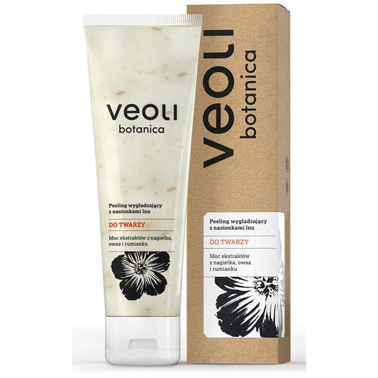 Sanftes Peeling mit Leinsamen von VEOLI BOTANICA in 75 ml, zeigt ein Glas mit peelingender Textur und natürliche Inhaltsstoffe.