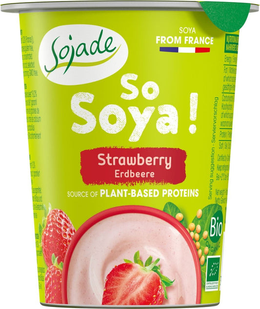 Glutenfreies Soja-Erdbeerprodukt BIO von SOJADE, 125 g, zeigt die Verpackung mit Erdbeer- und Sojaprodukt-Design.