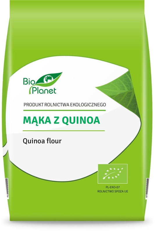 Bio Quinoamehl von BIO PLANET, 350 g, feines, hellbraunes Quinoamehl in einer transparenten Verpackung.