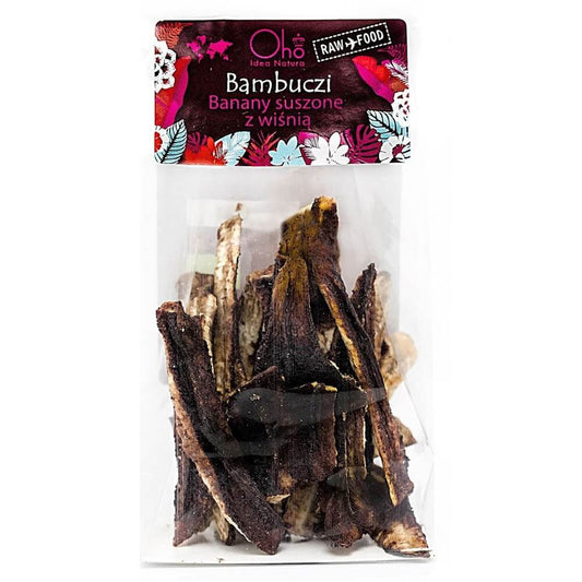 Getrocknete Bananen mit Kirsche, roh und BIO, in 50 g Packung von OHO BAMBUCZI, sichtbar auf dem Bild.