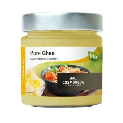 Bio Ghee Butterschmalz von COSMOVEDA in 150 g Packung, cremige Textur und goldene Farbe, ideal zum Kochen und Backen.