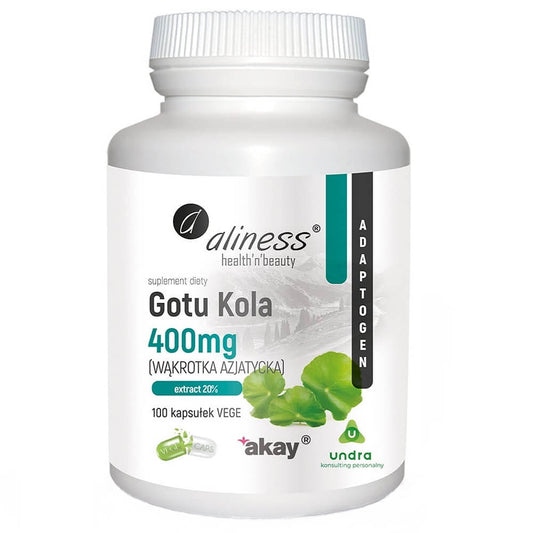 Asiatischer Wassernabel Gotu Kola Kapseln von ALINESS, 400 mg, 100 Stück, Nahaufnahme der Kapseln in einer Packung
