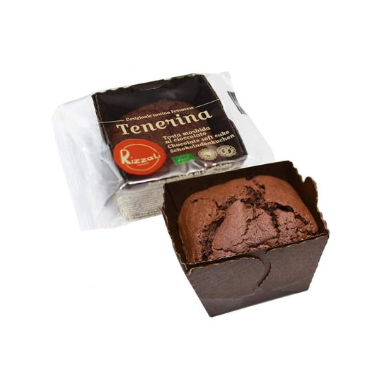 Zwei glutenfreie, weiche Schokoladenkuchenstücke von ECOR, BIO, 50 g, mit schokoladiger Oberfläche.